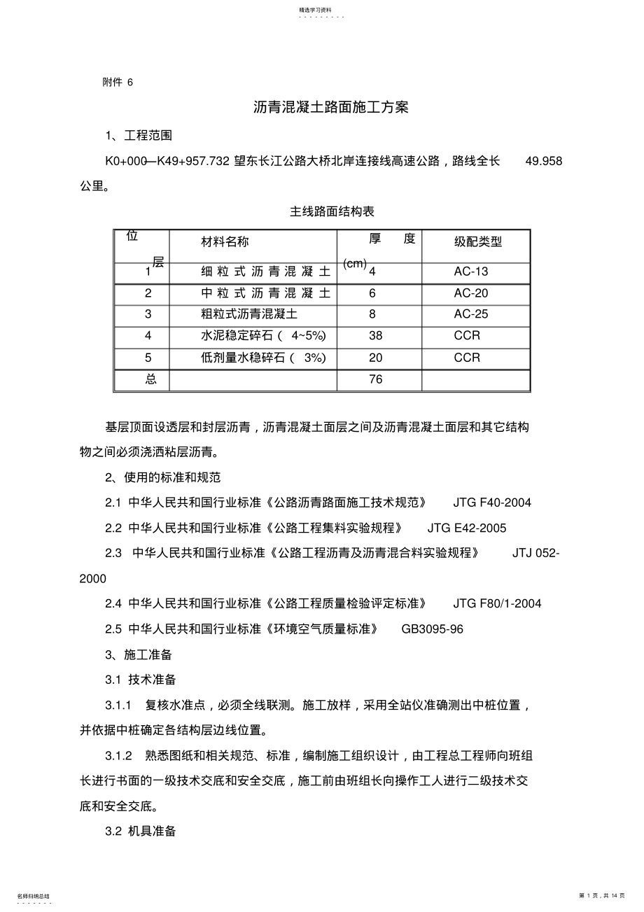 2022年沥青混凝土路面施工专业技术方案 .pdf_第1页