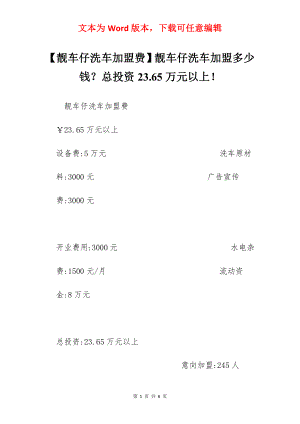 【靓车仔洗车加盟费】靓车仔洗车加盟多少钱？总投资23.65万元以上！.docx