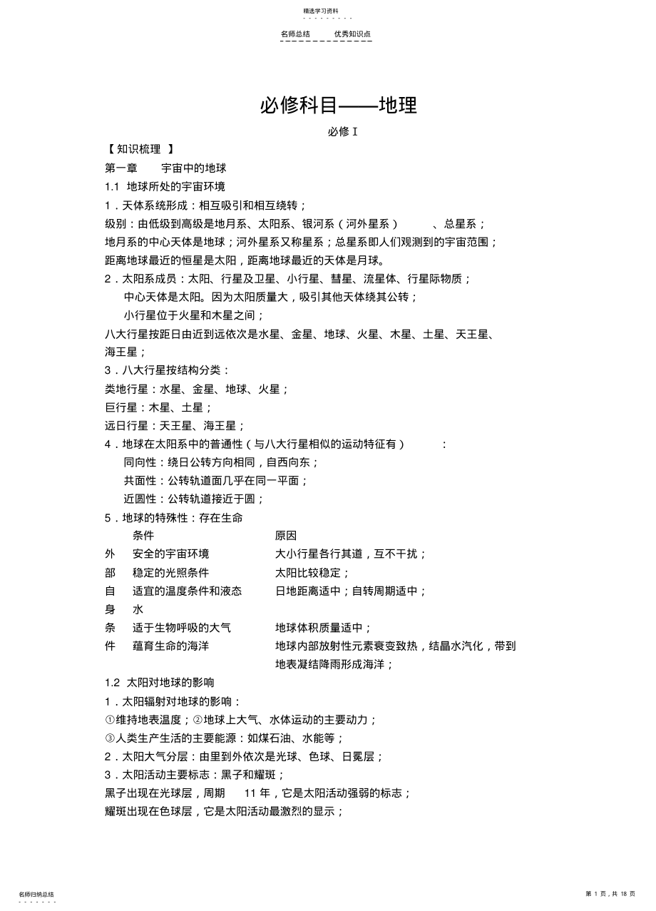 2022年江苏省地理学业水平测试必修一知识点复习 .pdf_第1页