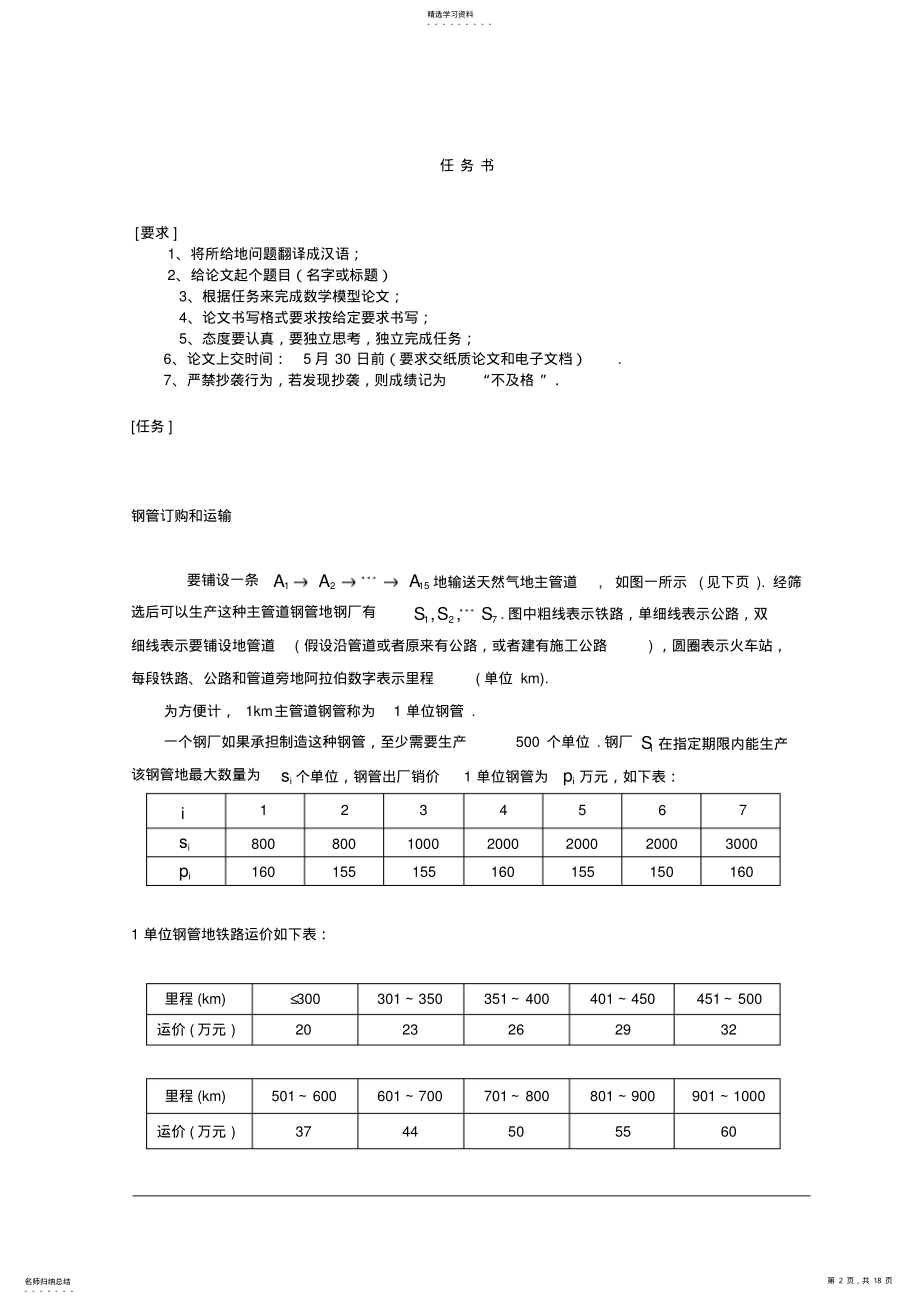 2022年求解钢管订购和运输问题数学模型结业课程设计 .pdf_第2页