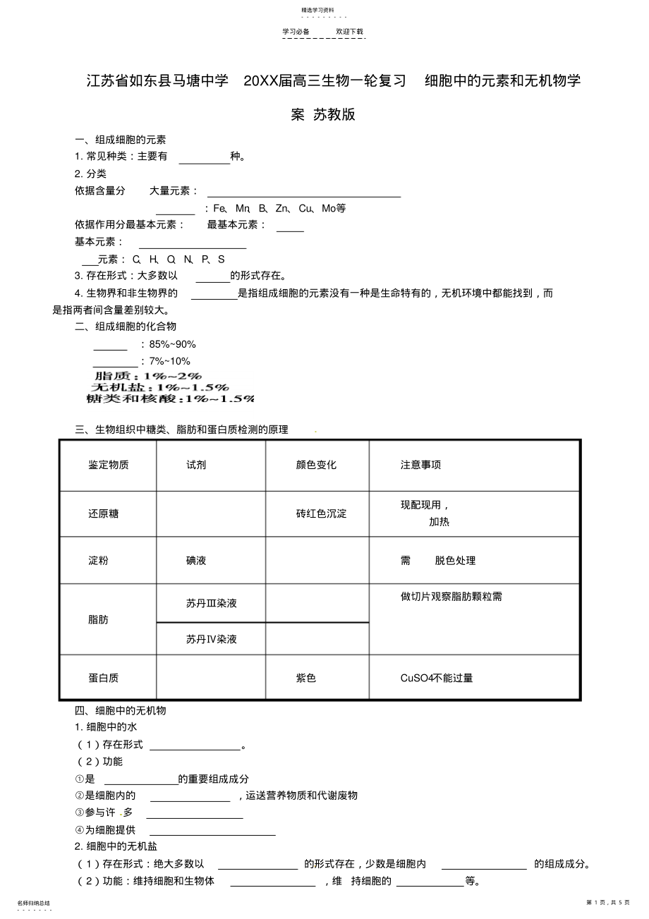 2022年江苏省如东县马塘中学高三生物一轮复习细胞中的元素和无机物学案苏教版 .pdf_第1页