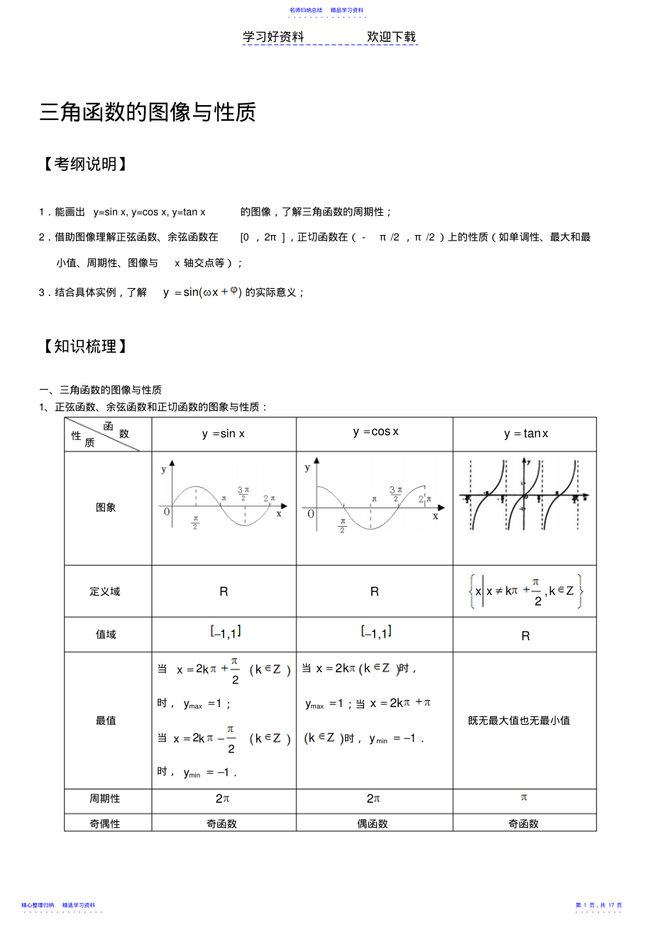 2022年三角函数的图像及性质知识点梳理经典例题及解析历年高考题练习带答案 .pdf_第1页