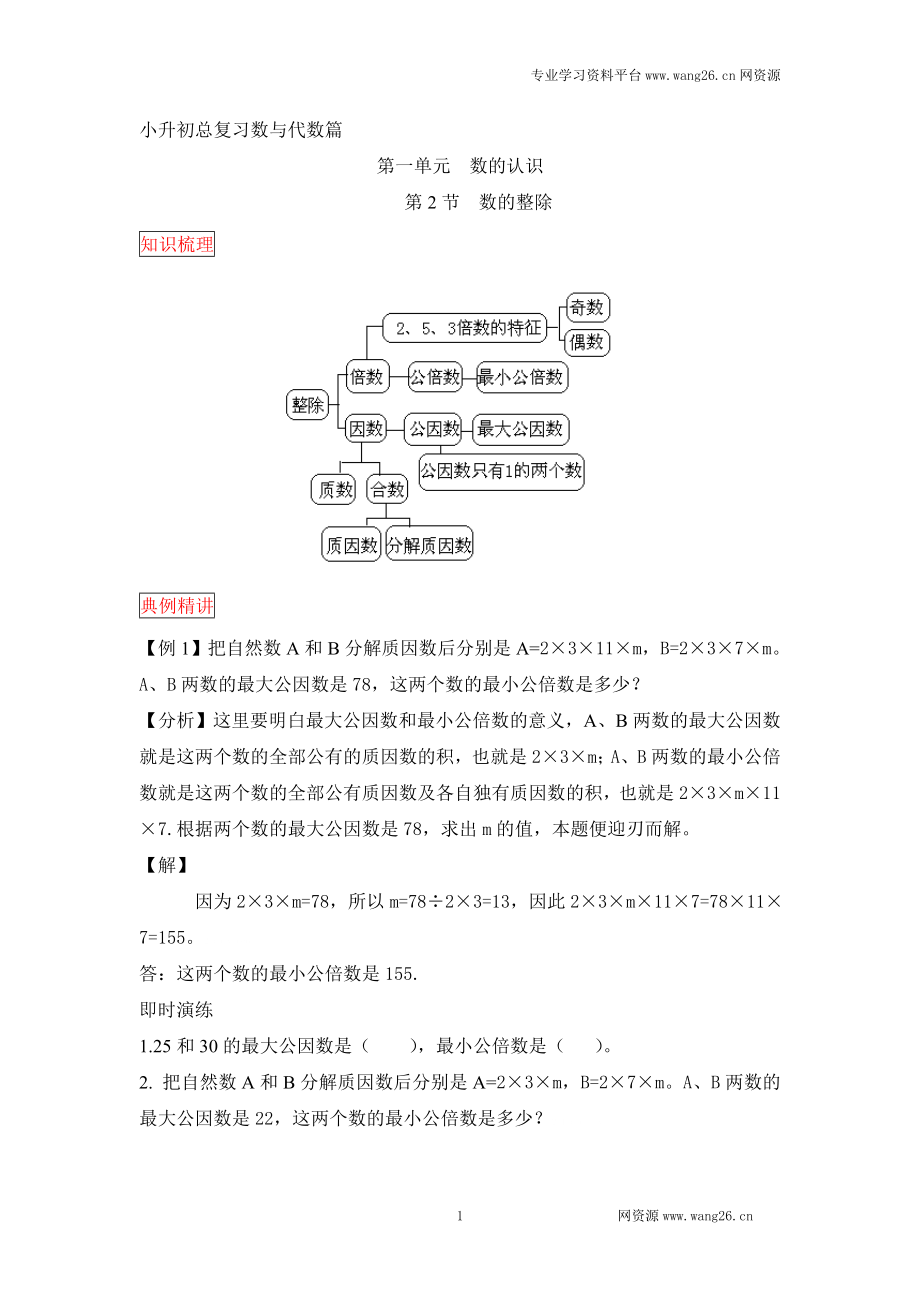 数学小升初专项训练 小升初数学总复习知识梳理+练习+答案-数的整除-通用版.doc_第1页