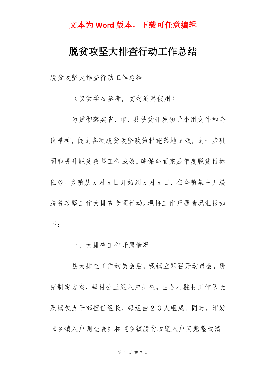 脱贫攻坚大排查行动工作总结.docx_第1页