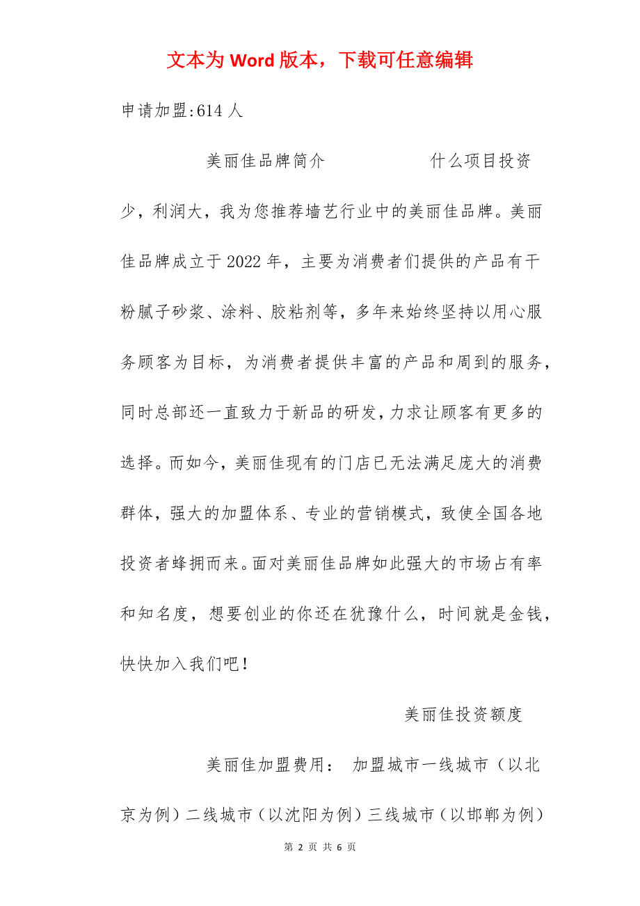 【美丽佳加盟费】美丽佳墙艺加盟多少钱？总投资13.31万元以上！.docx_第2页