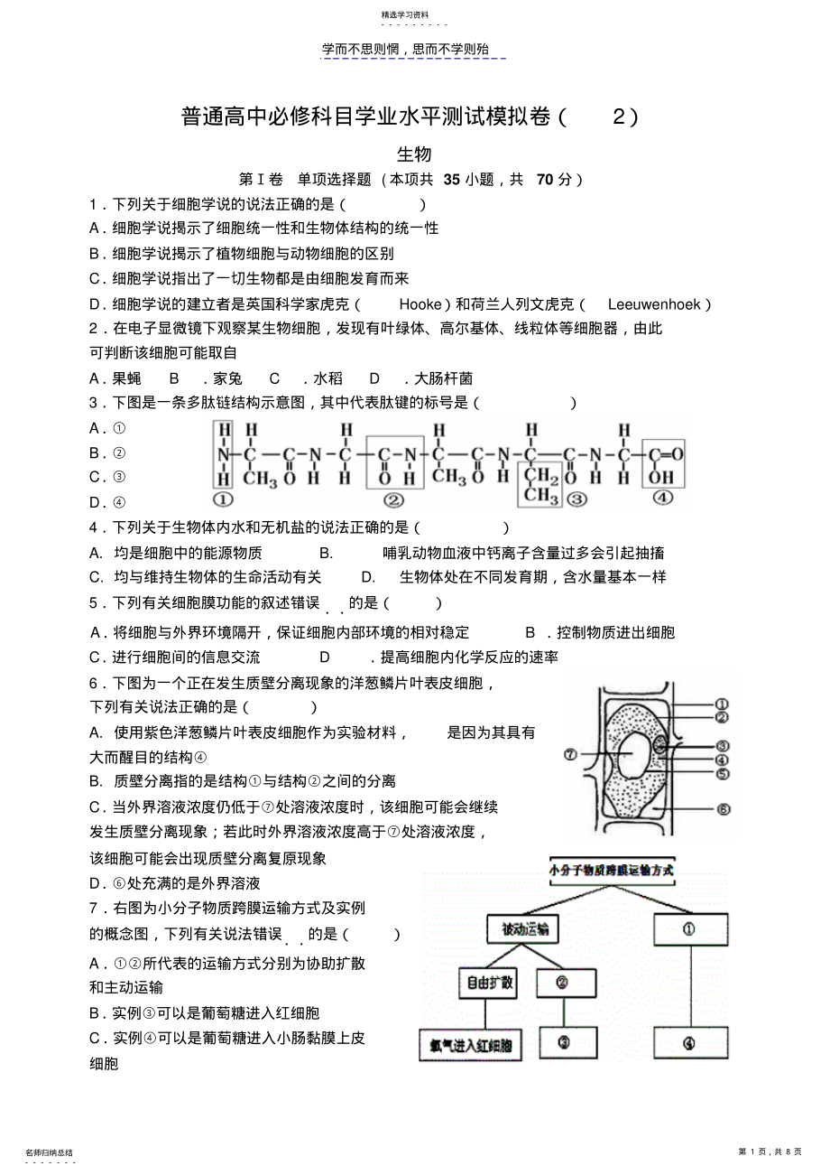 2022年江苏学业水平测试生物模拟卷附参考答案 .pdf_第1页