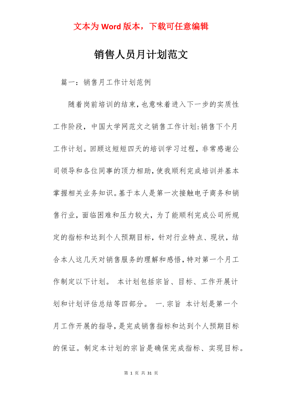 销售人员月计划范文.docx_第1页