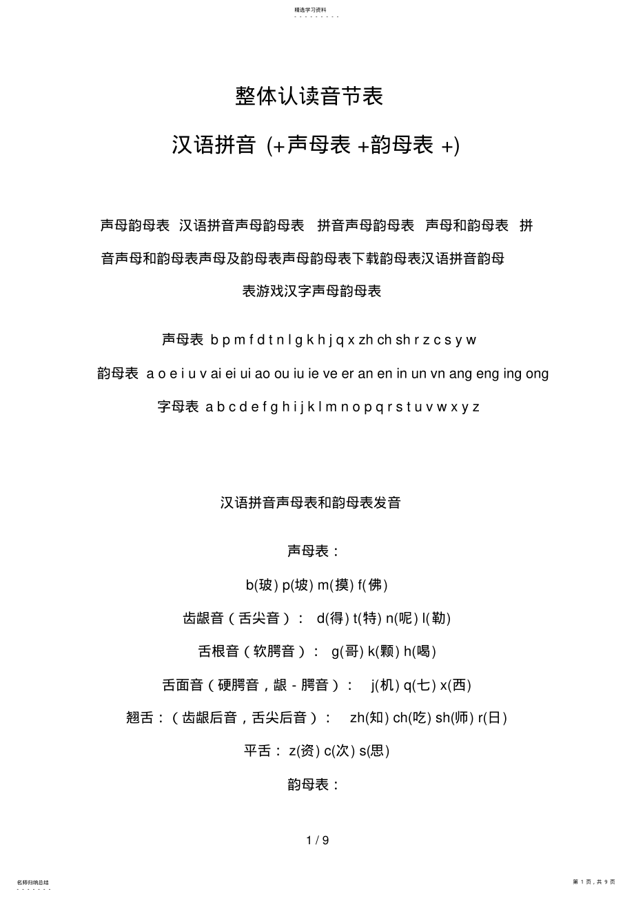 2022年汉语拼音声母表,韵母表,整体认读音节表 .pdf_第1页