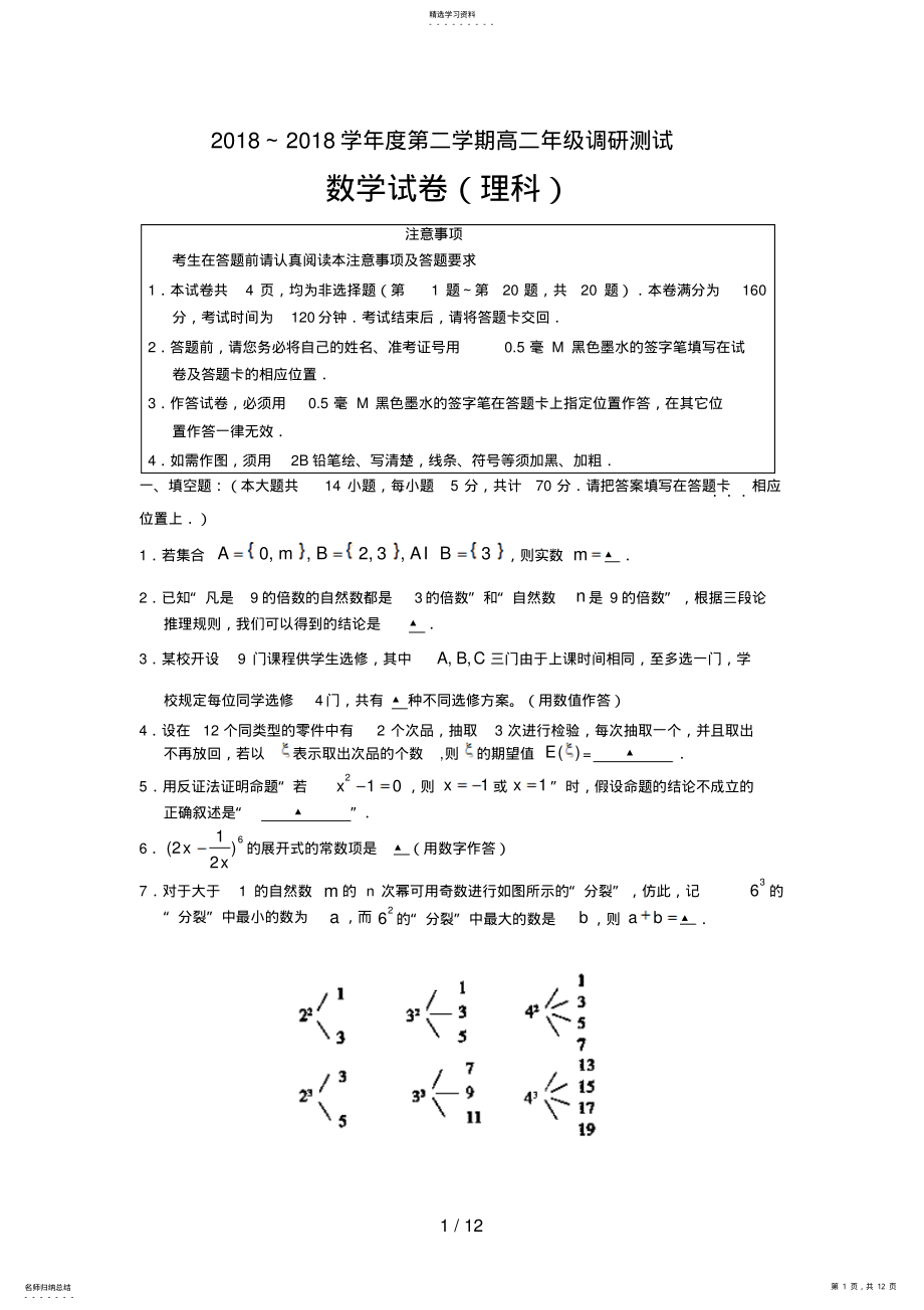 2022年沭阳县高二下学期期中调研测试数学试卷 .pdf_第1页