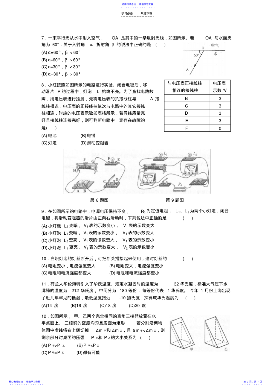 2022年上海市第三十届初中物理竞赛大同杯初赛试卷-word版 .pdf_第2页