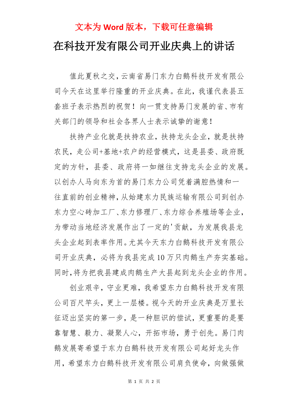 在科技开发有限公司开业庆典上的讲话.docx_第1页