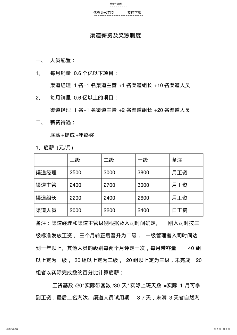 2022年渠道薪资及奖惩制度案例 .pdf_第1页