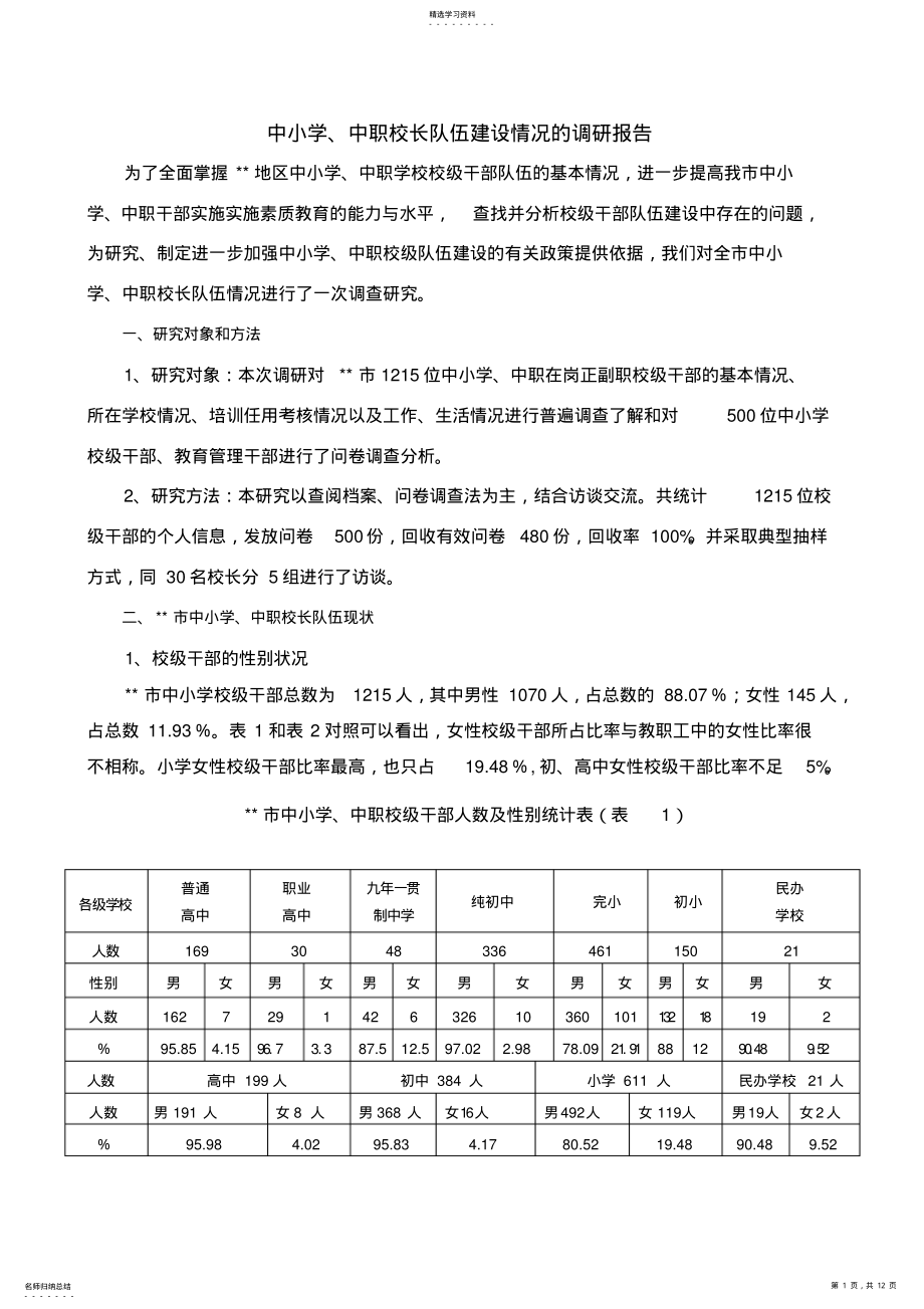 2022年中小学、中职校长队伍建设情况的调研报告 .pdf_第1页