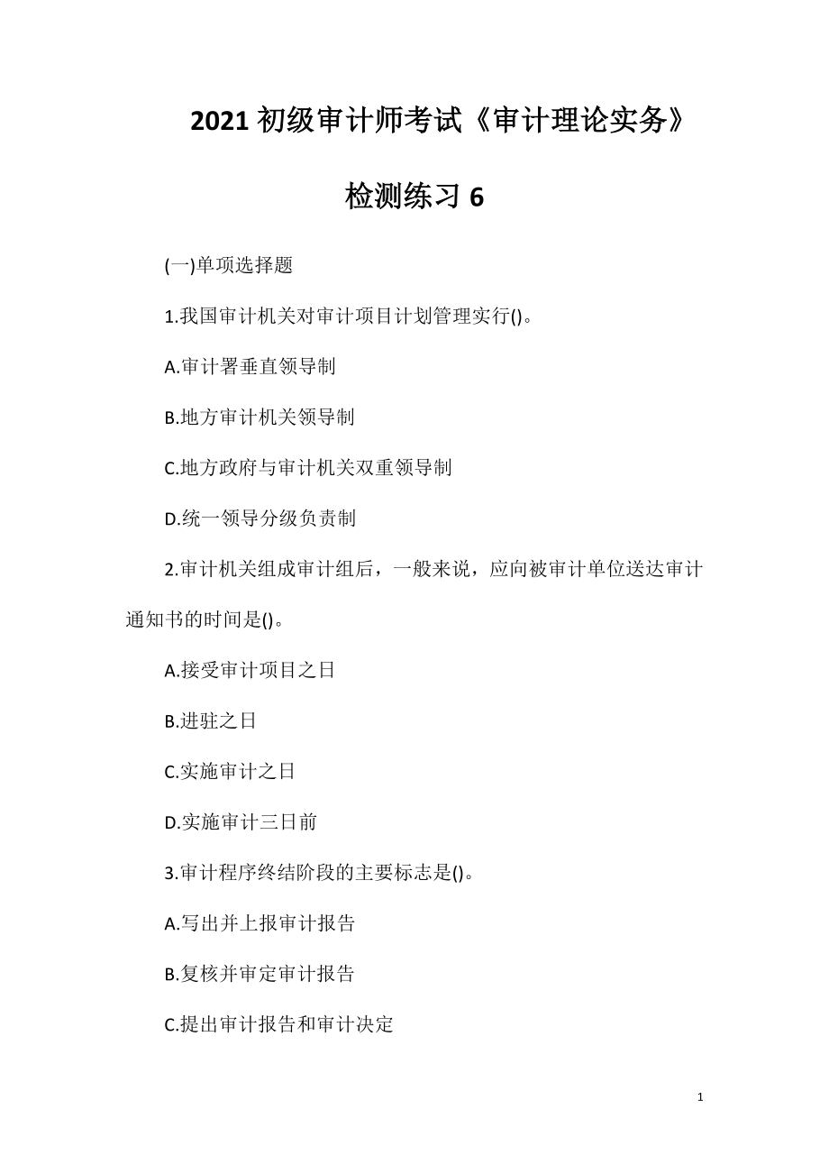 2021初级审计师考试《审计理论实务》检测练习6.doc_第1页