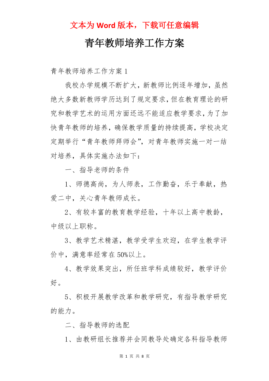 青年教师培养工作方案.docx_第1页