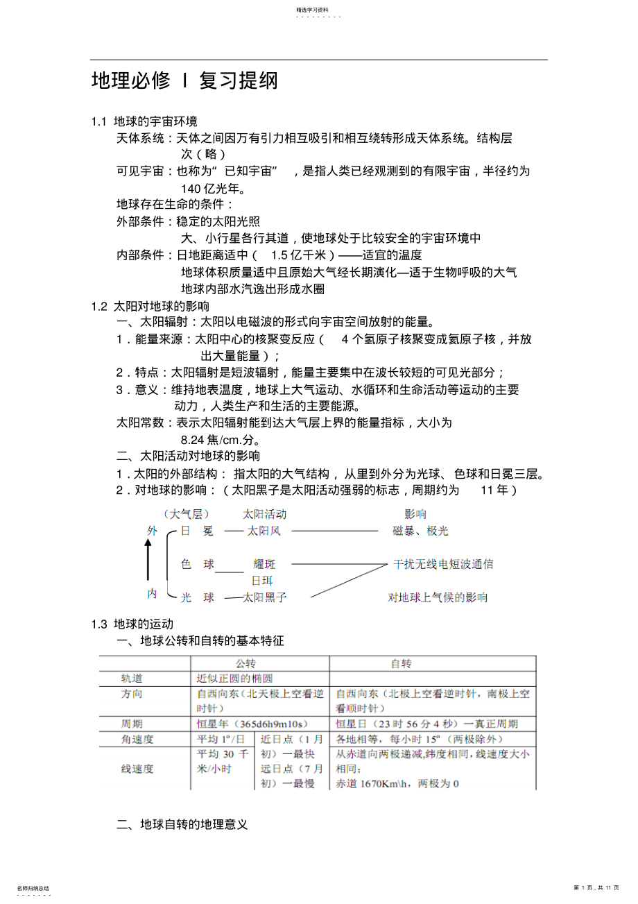 2022年湘教版高中地理必修一期末复习提纲 .pdf_第1页