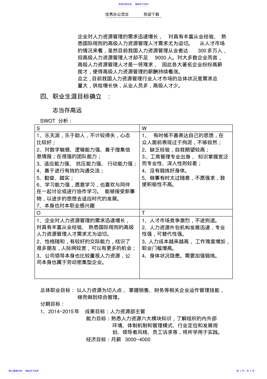 2022年个人职业生涯规划书人力资源岗位 .pdf_第2页