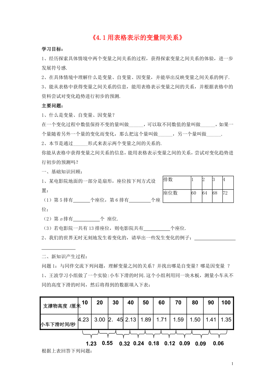 2021年春七年级数学下册《4.1 用表格表示的变量间关系》学案2（新版）北师大版.doc_第1页