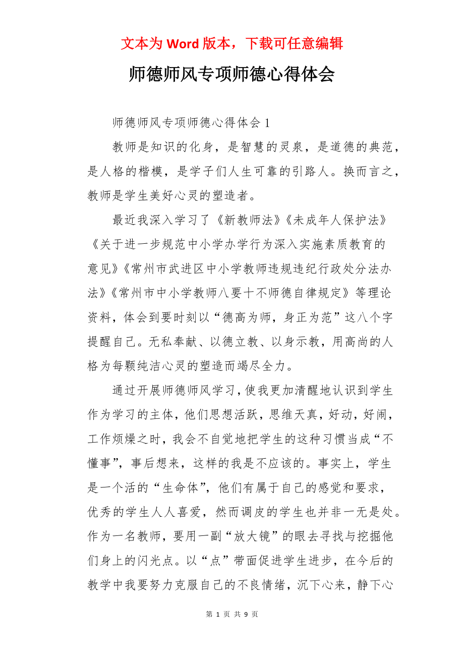 师德师风专项师德心得体会.docx_第1页