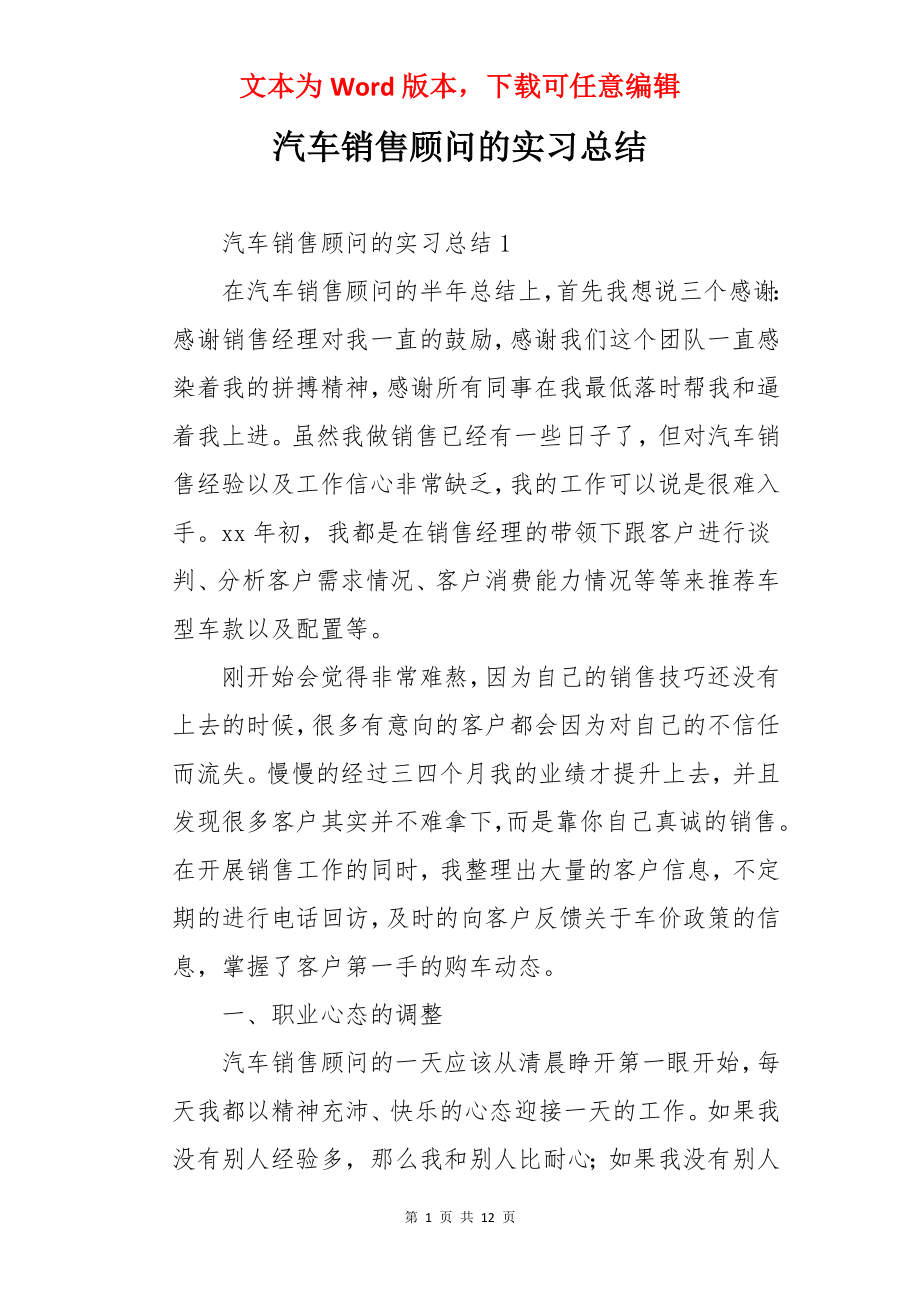 汽车销售顾问的实习总结.docx_第1页