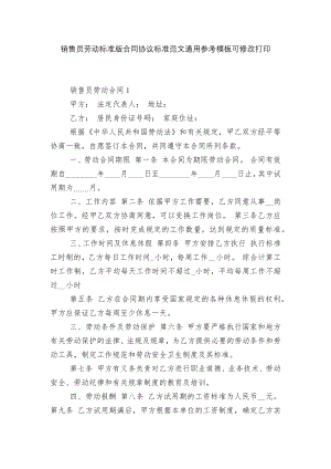 销售员劳动标准版合同协议标准范文通用参考模板可修改打印.docx