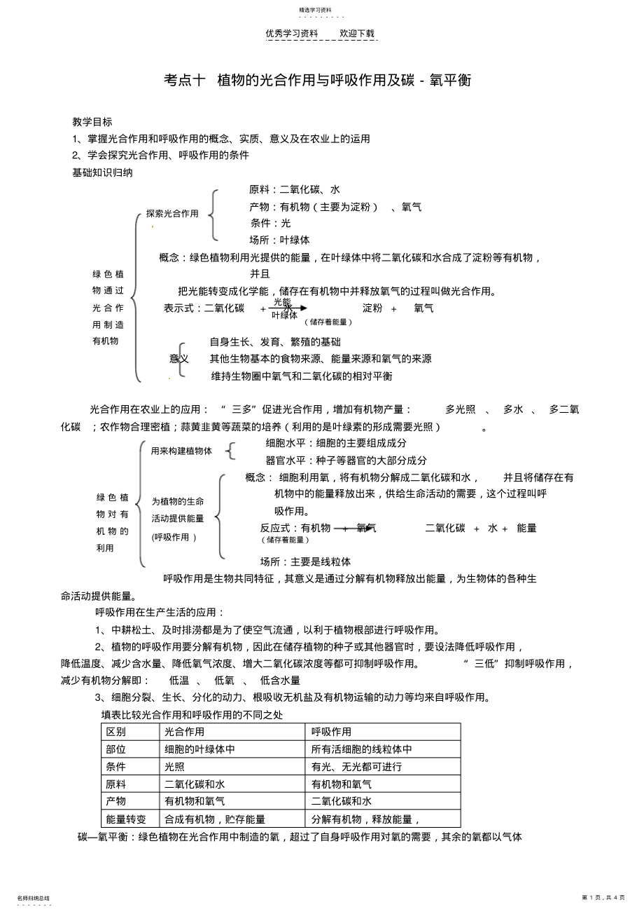 2022年湖北省襄阳四十七中中考生物考点十植物的光合作用与呼吸作用及碳-氧平衡复习教学案 .pdf_第1页