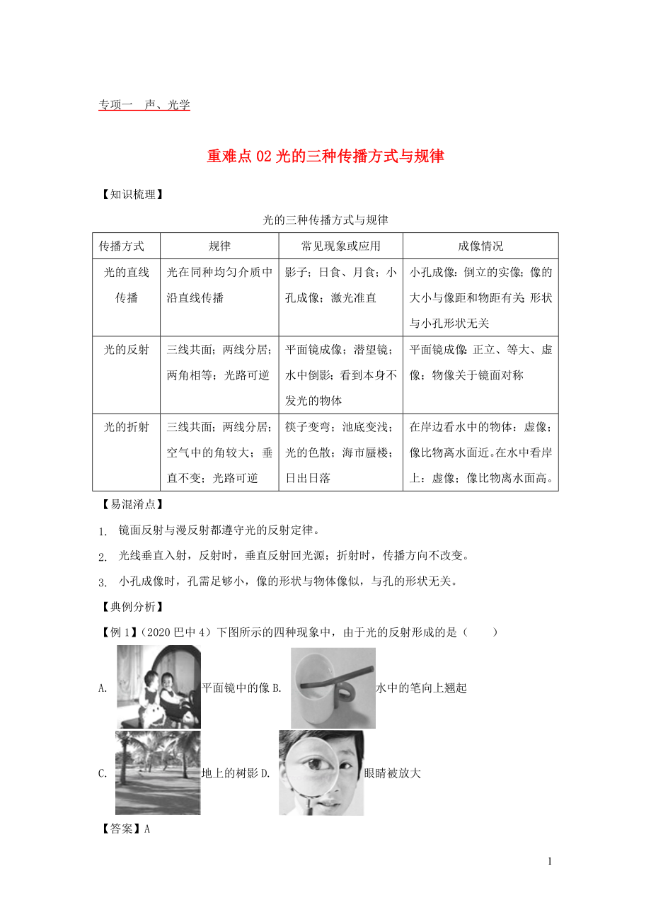 2021年中考物理重难点专练02光的三种传播方式与规律含解析.docx_第1页