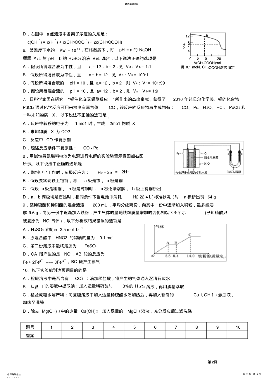 2022年湖北省英山一中2013届高三1月月考化学试题 .pdf_第2页