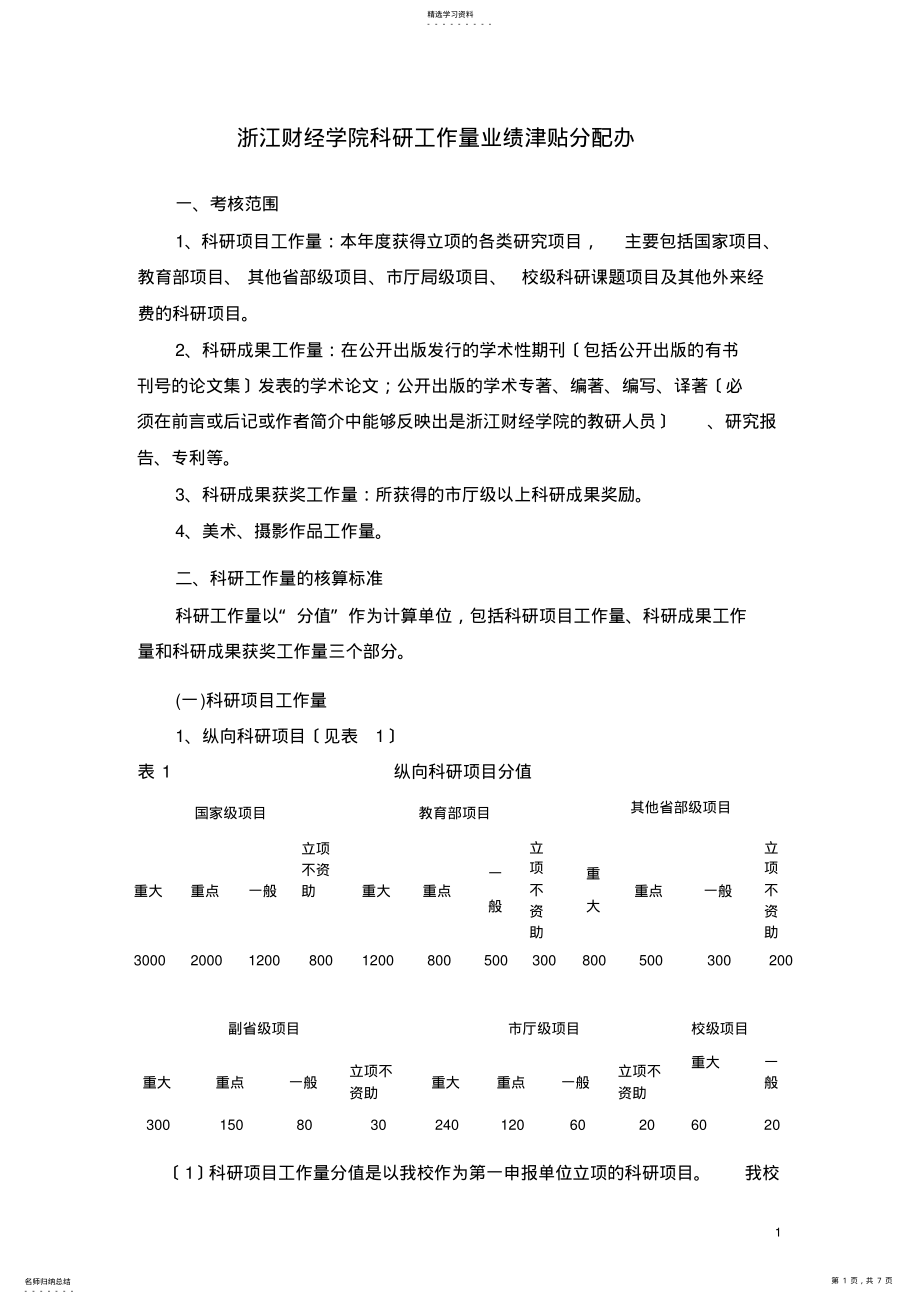 2022年浙江财经学院科研工作量业绩津贴分配办 .pdf_第1页