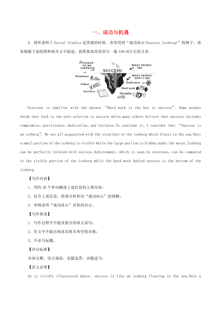 2021届高考英语二轮复习书面表达经典好文专题01成功与机遇.docx_第1页