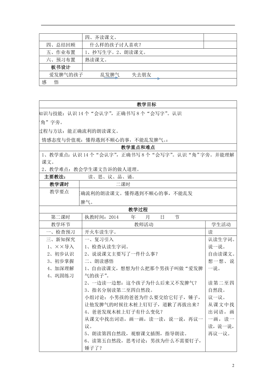 2021二年级语文下册《爱发脾气的孩子》教学设计 语文S版.doc_第2页