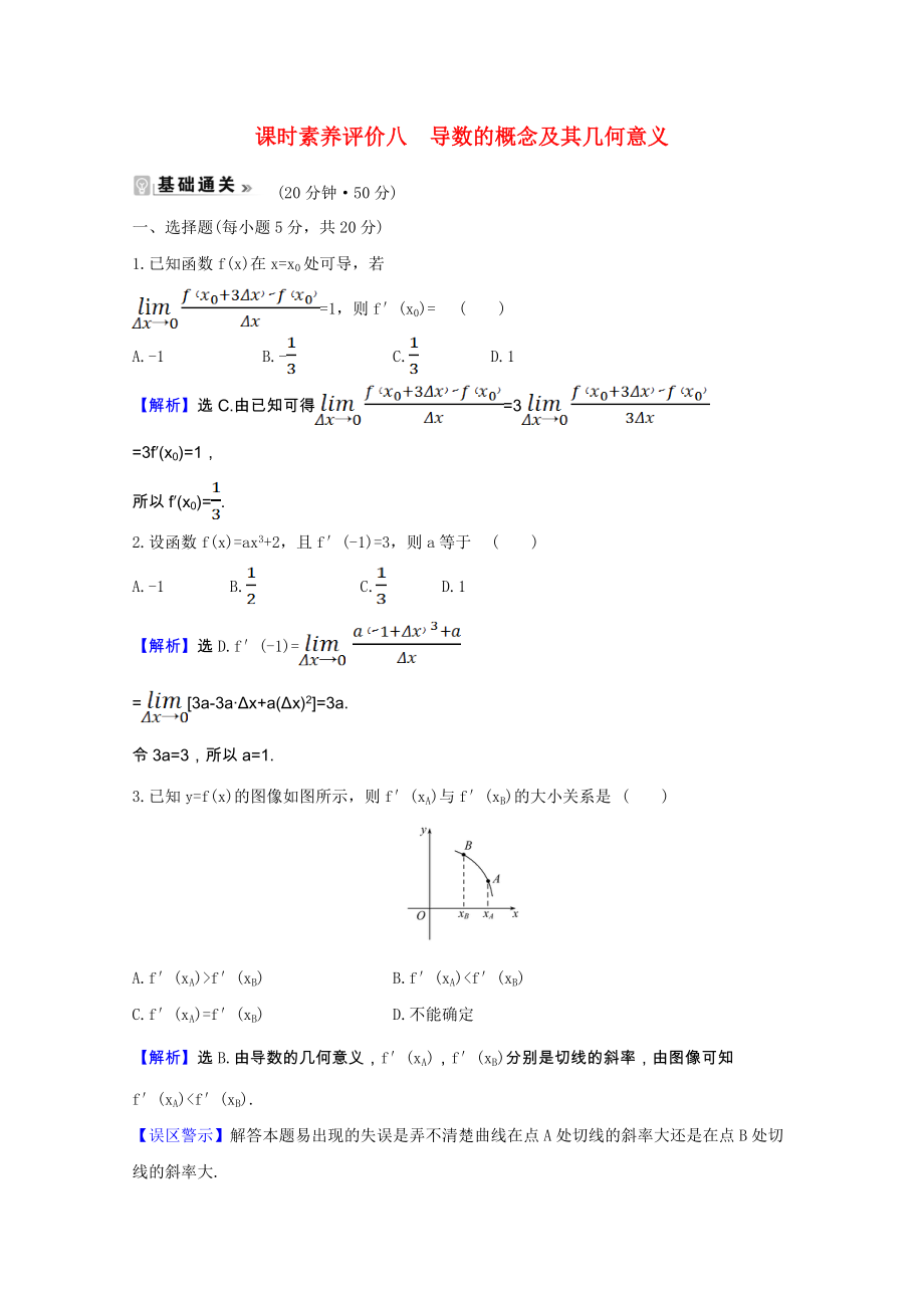 2021_2021学年高中数学第二章变化率与导数2.2导数的概念及其几何意义课时素养评价含解析北师大版选修2_.doc_第1页