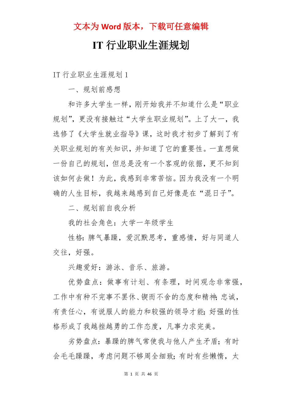 IT行业职业生涯规划.docx_第1页