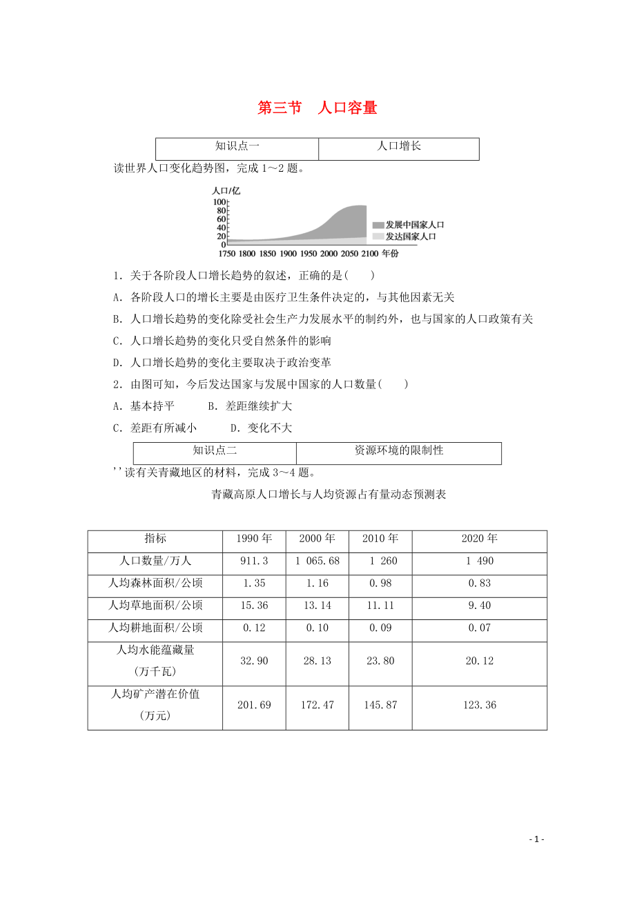 2021_2021学年新教材高中地理第一章人口与地理环境第三节人口容量课时作业含解析湘教版必修.doc_第1页