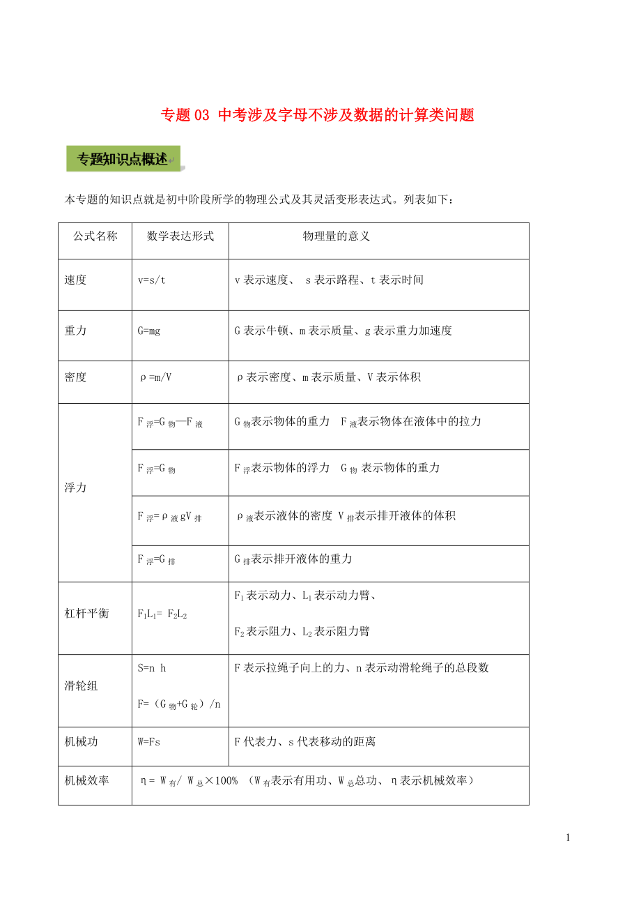 2021年中考物理14个难点专题高分三步曲专题03中考涉及字母不涉及数据的计算类问题含解析.docx_第1页