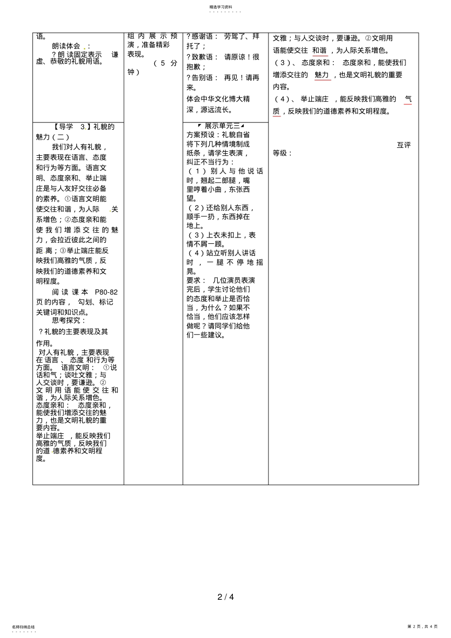 2022年湖北省武汉市鲁巷中学八级政治上册《第七课》礼貌显魅力导学案 .pdf_第2页