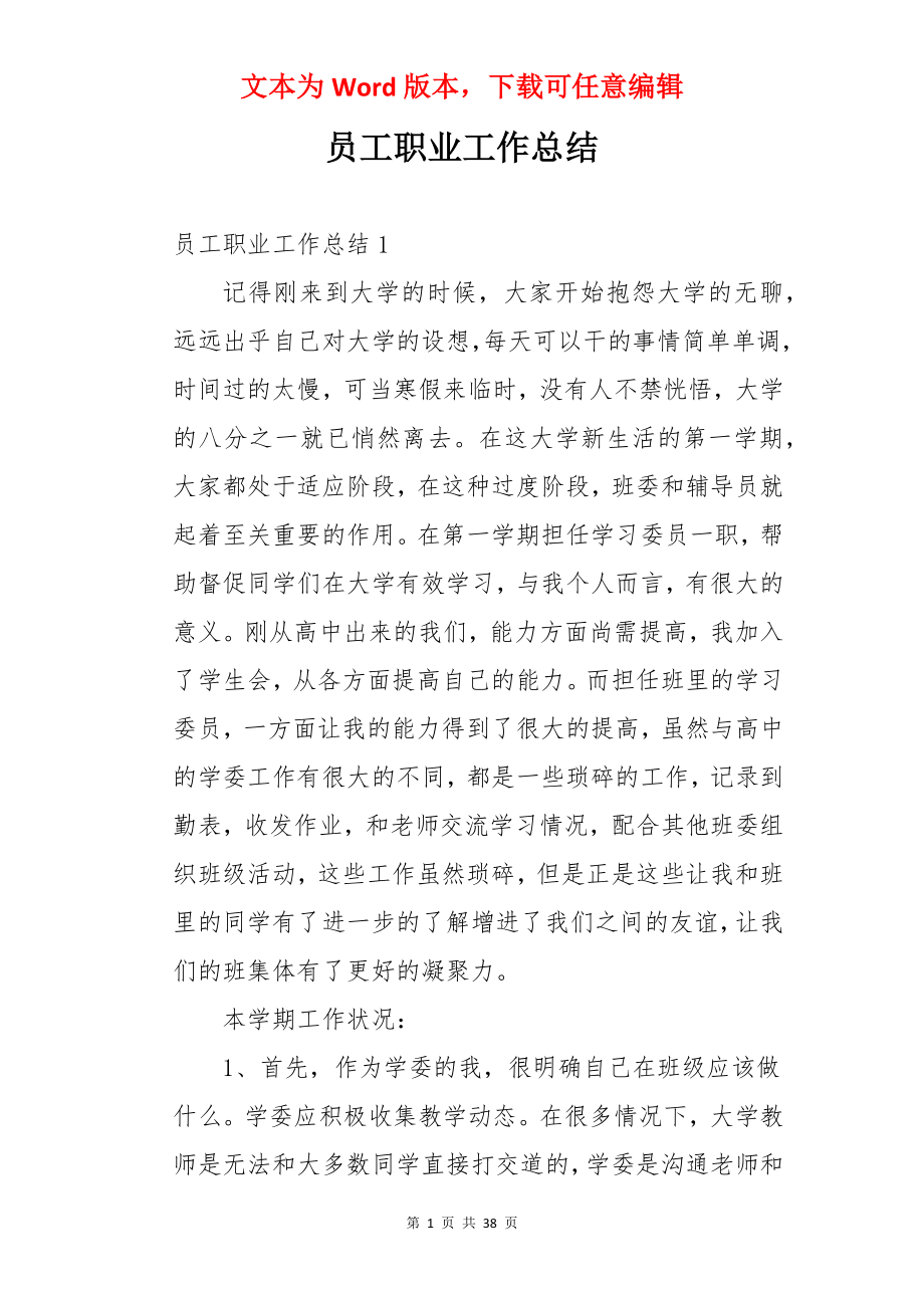 员工职业工作总结.docx_第1页