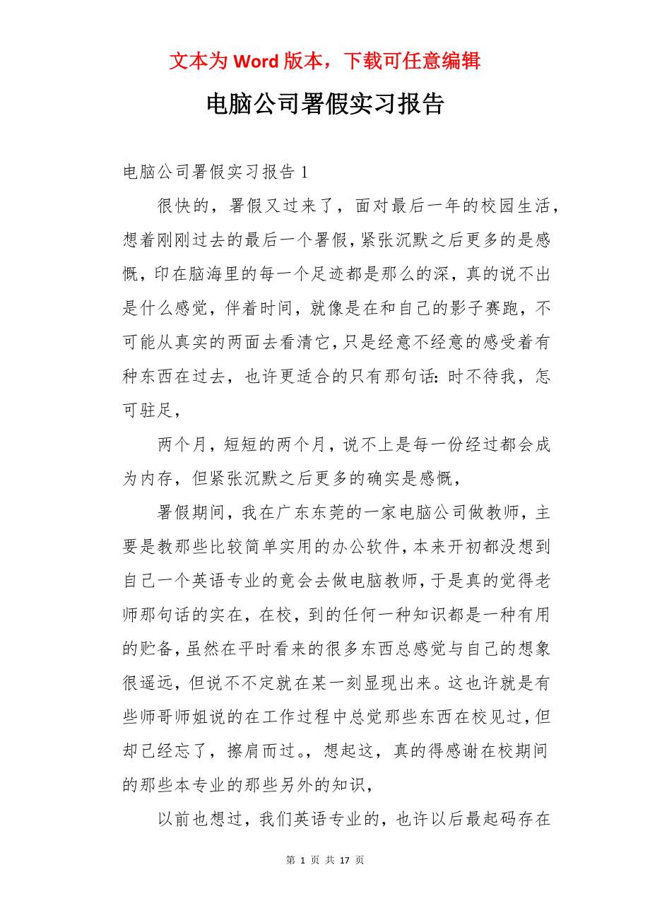 电脑公司署假实习报告.docx_第1页