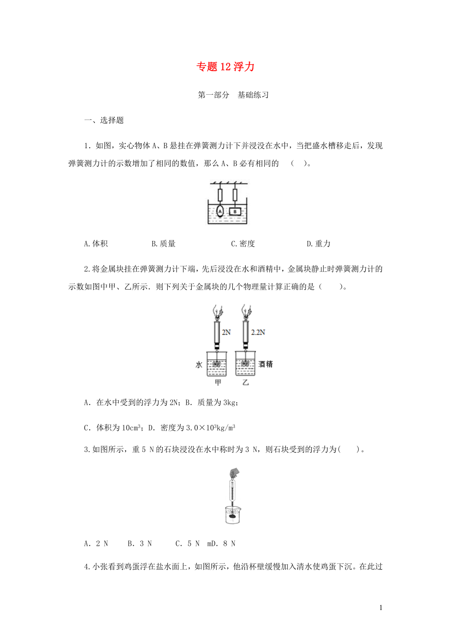 2021_2021学年九年级物理寒假辅导讲义与练习专题12浮力练习含解析.docx_第1页