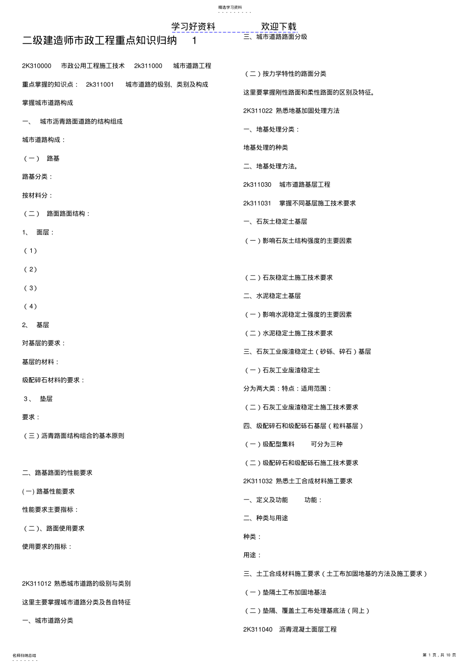 2022年二级建造师市政公用工程管理与实务重点总结版 .pdf_第1页