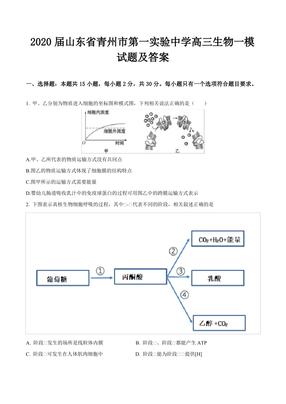 2020届山东省青州市第一实验中学高三生物一模试题及答案.pdf_第1页