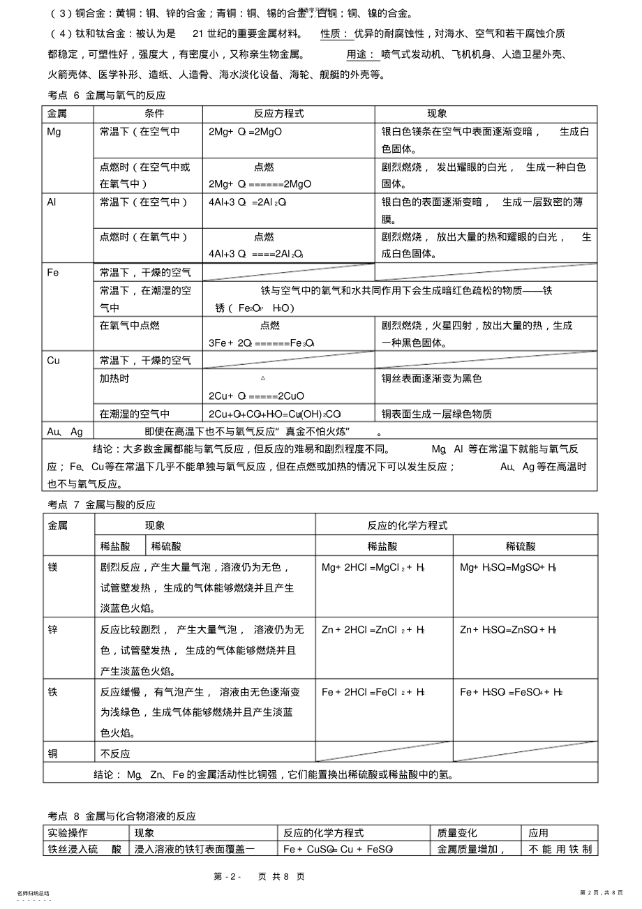 2022年九年级化学第八单元金属和金属材料知识点和测试题及答案 .pdf_第2页