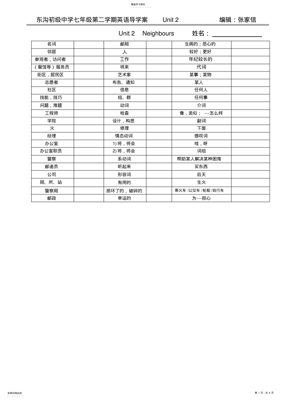 2022年牛津译林版七年级下册Unit2Neighbours导学案 .pdf_第1页