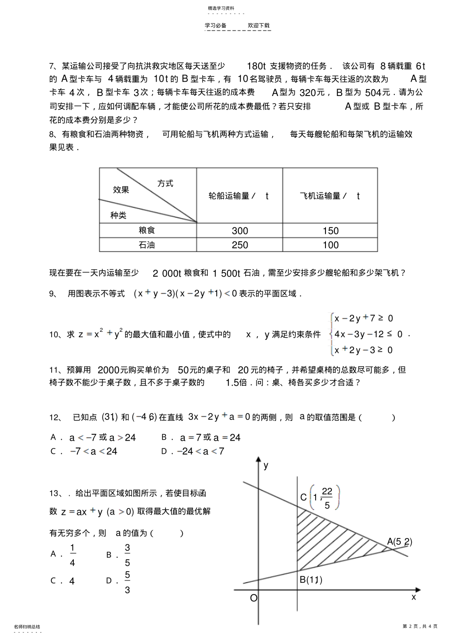 2022年二元一次不等式与简单的线性规划问题测试题 .pdf_第2页