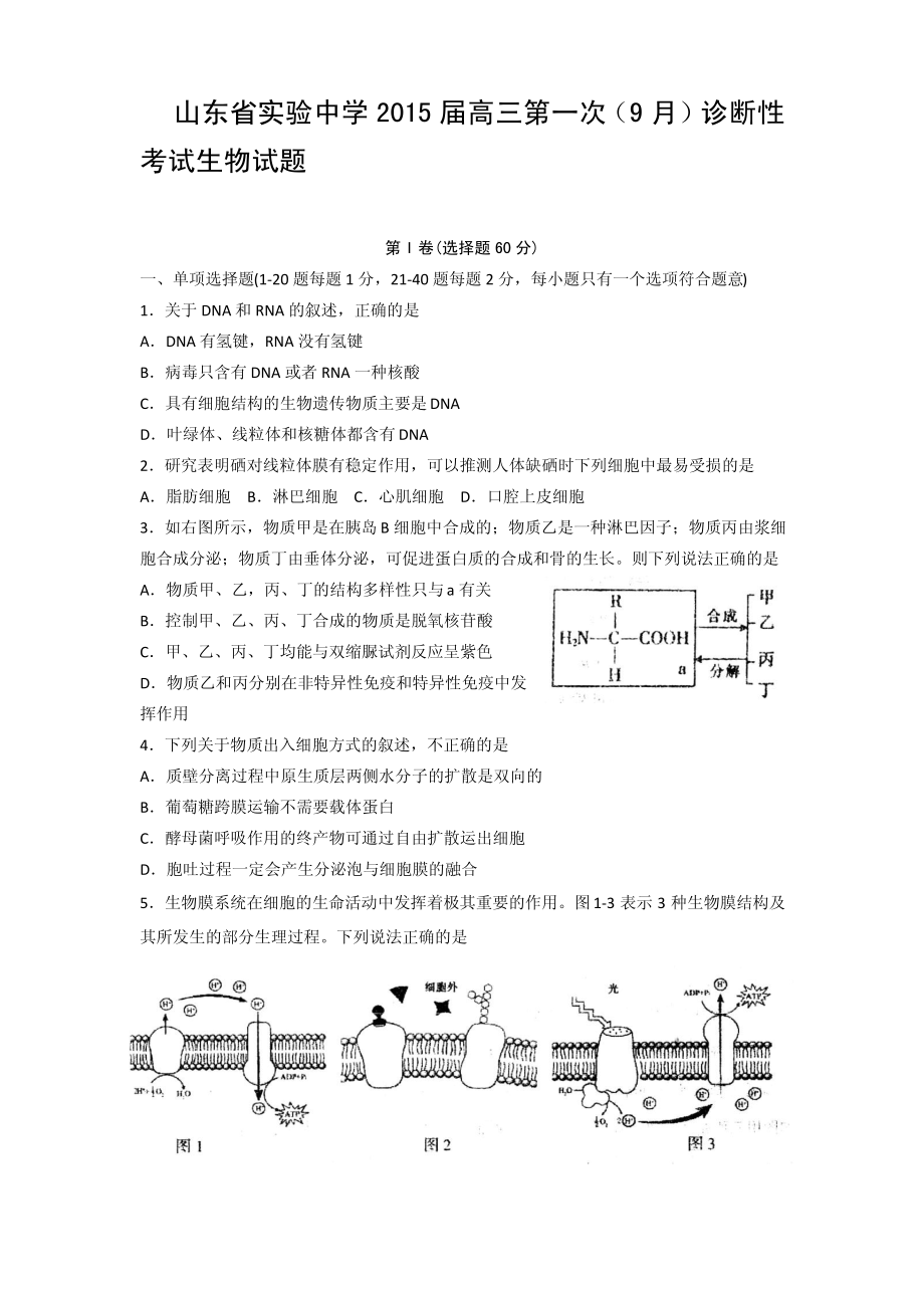 山东省实验中学2015届高三第一次(9月)诊断性考试生物试题.pdf_第1页