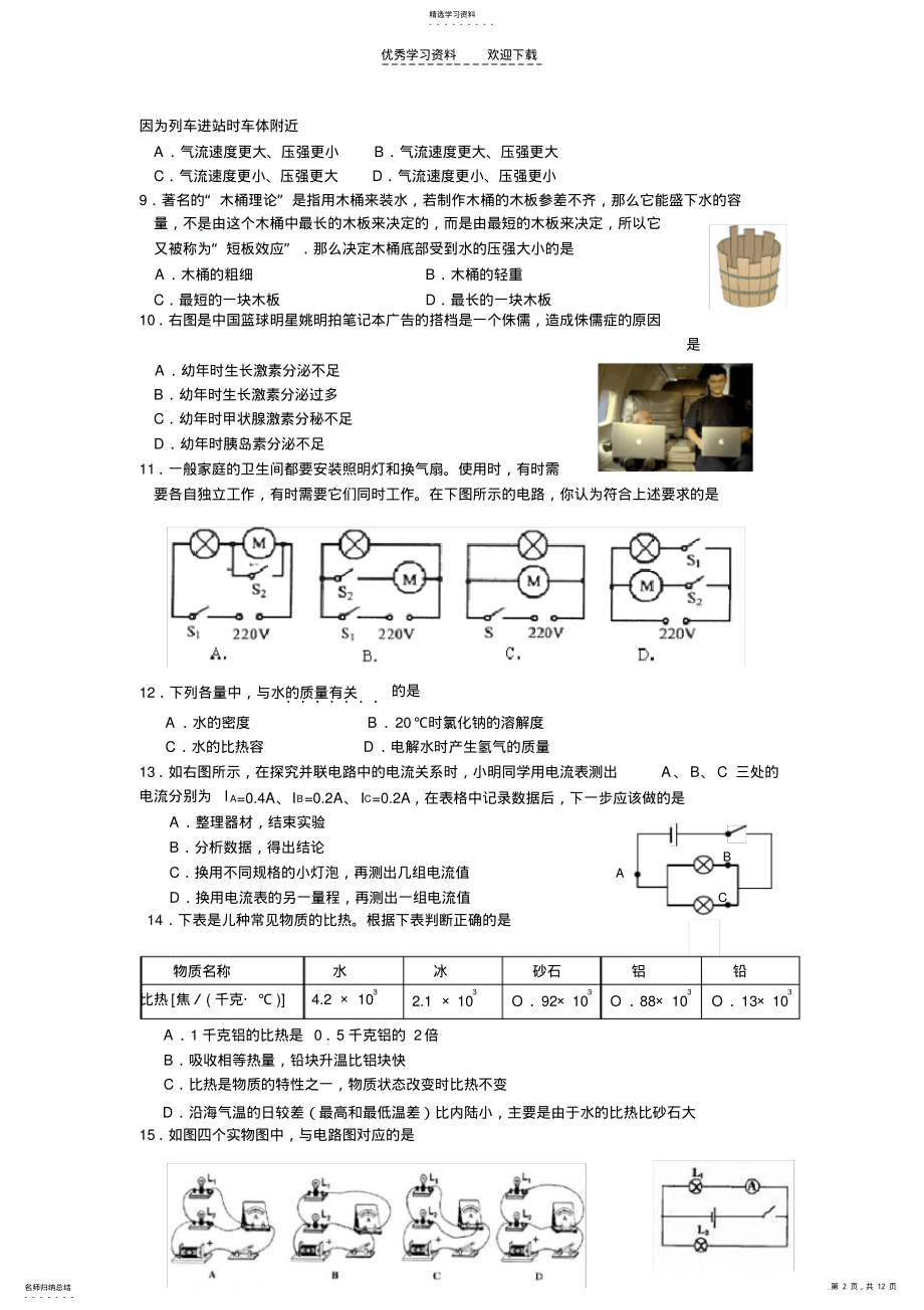 2022年物理八年级期末试卷 .pdf_第2页