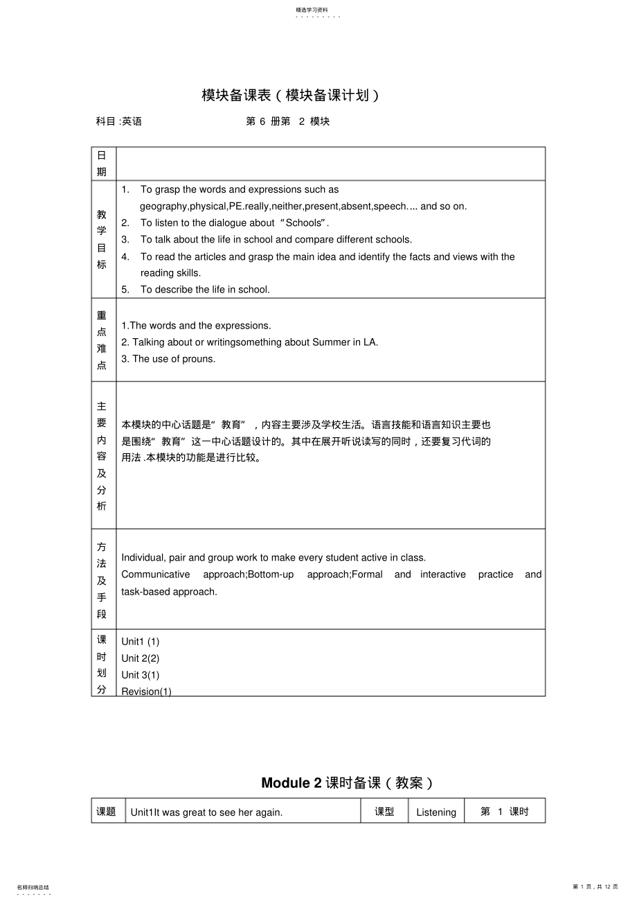 2022年九年级下外研英语Module2Education全模块综合教案 .pdf_第1页