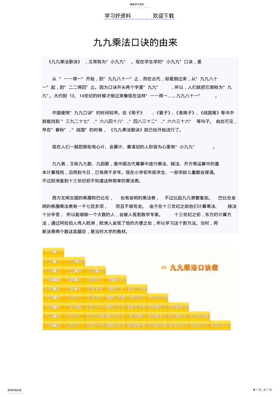 2022年九九乘法口诀记忆知识汇总 .pdf_第1页