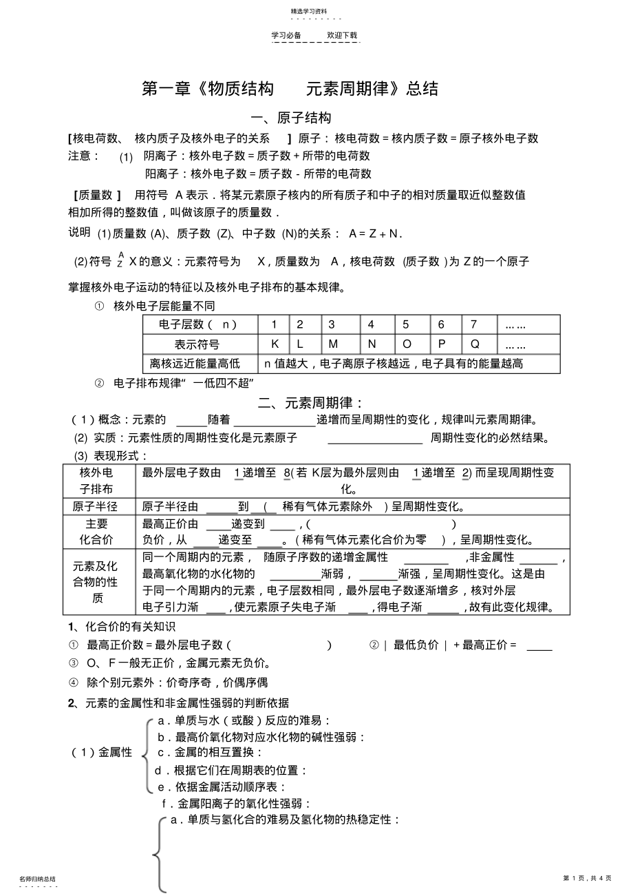 2022年物质结构_元素周期律复习总结 .pdf_第1页