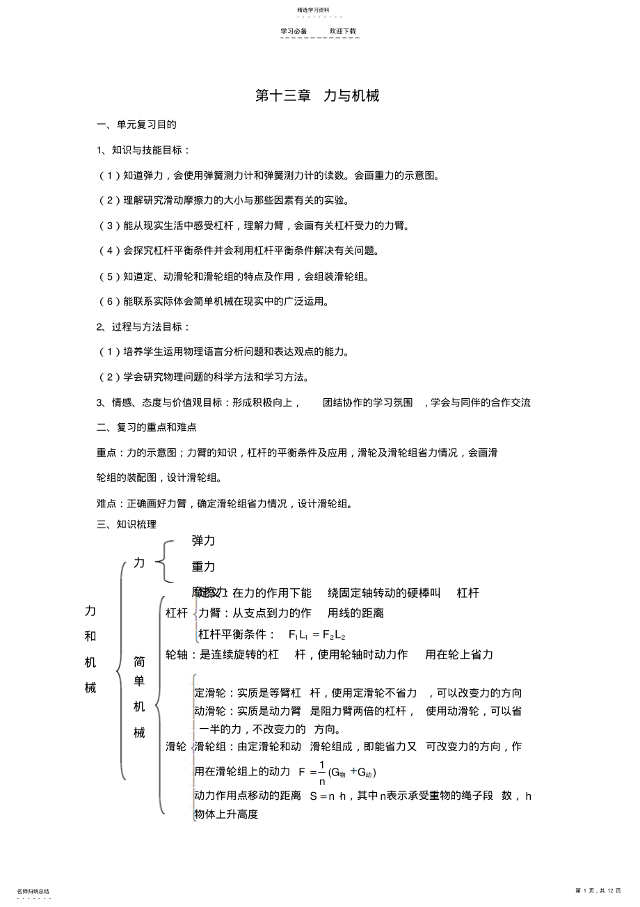 2022年九年级物理第十三章力与机械复习教案 .pdf_第1页